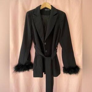 NASTY GAL COLLECTION BELTED BLAZER WITH FEATHER CUFFS